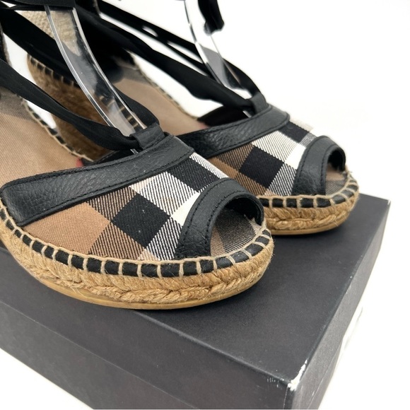 Burberry Espadrille Black Tan Brown Check Logo Tartan Plaid Print Wedge size 40 - Picture 4 of 16